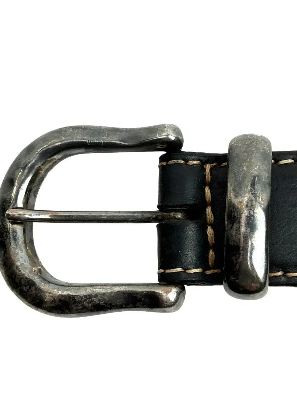 Two-Tone Western Leather Belt Rustic Buckle & Intricate Stitching Vintage Small